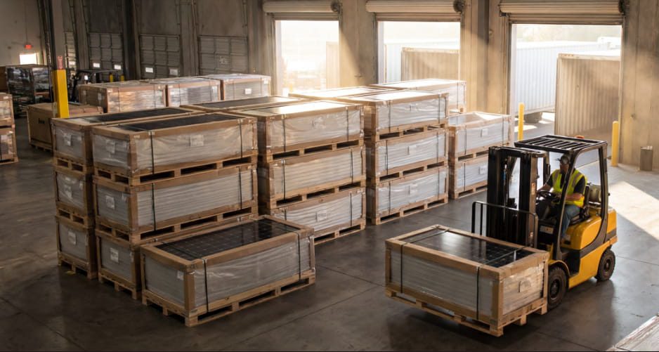 Solar distribution warehouse with pallets, components, and shipping bay