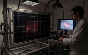 Technician performing electroluminescence inspection on a PV module