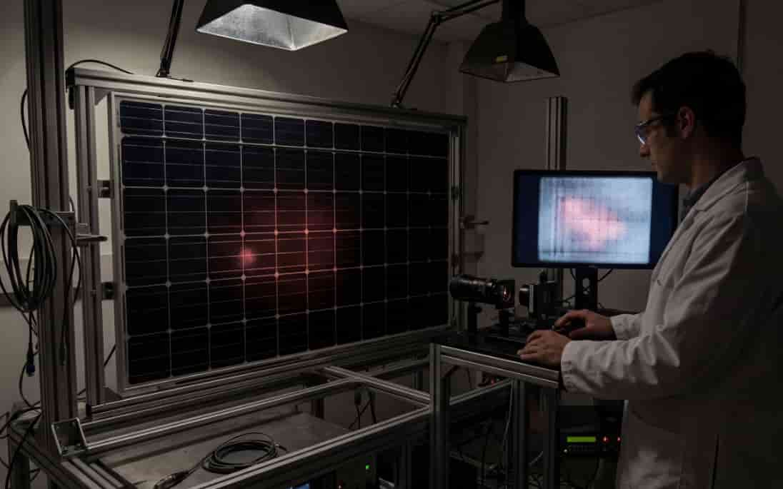 Technician performing electroluminescence inspection on a PV module